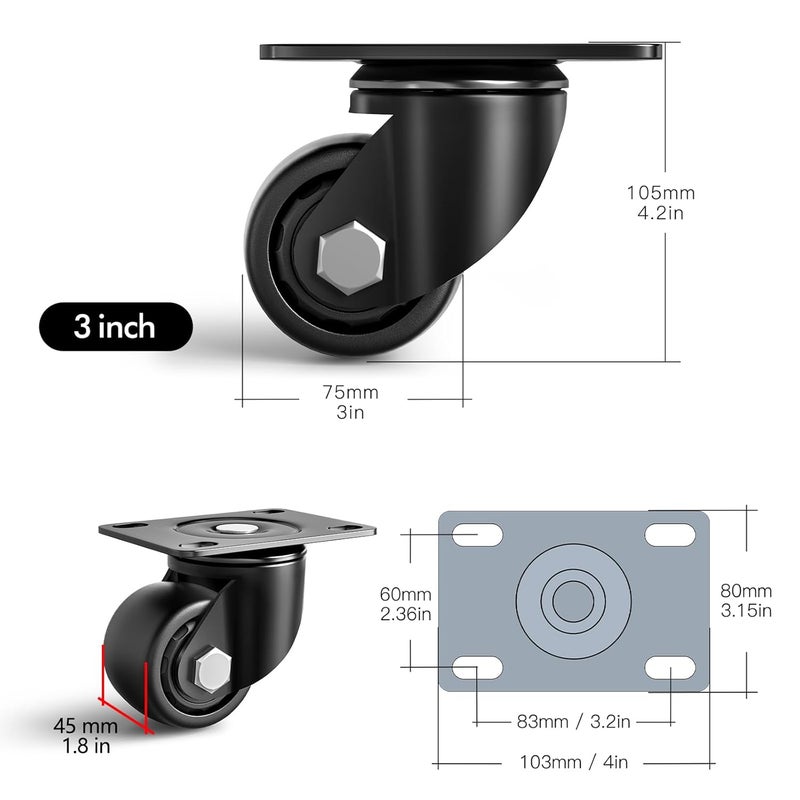 ANDUTEES 3 Inch Caster Wheels Set of 4, Heavy Duty Casters Load 4400lbs, Low Gravity Centere Industrial Swivel Casters, Plat Caster for Furniture and Workbench - Image 2